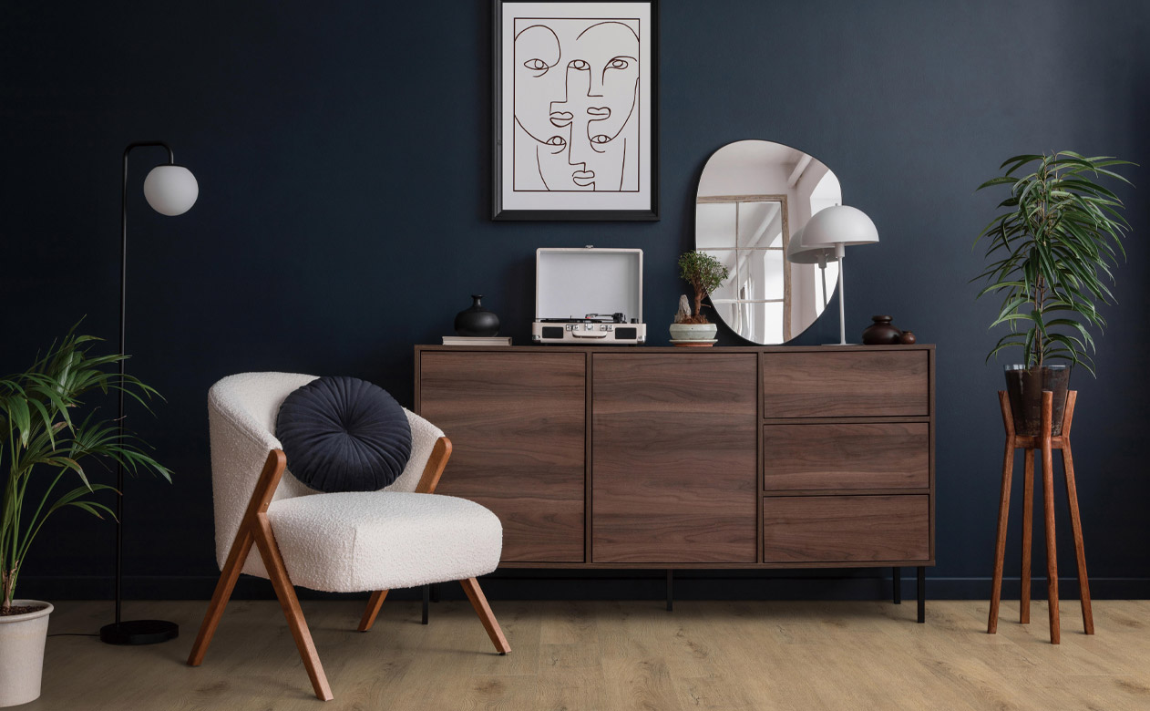 wood look vinyl flooring in living room with minimalist decor.