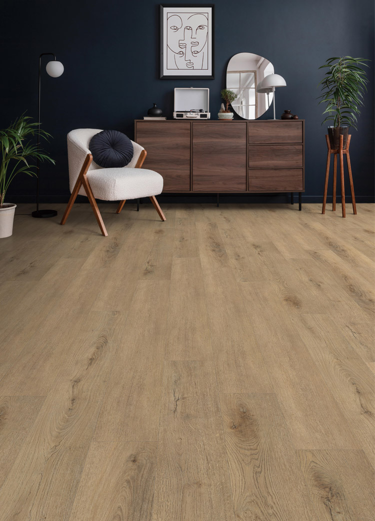 wood look vinyl flooring in living room with minimalist decor.